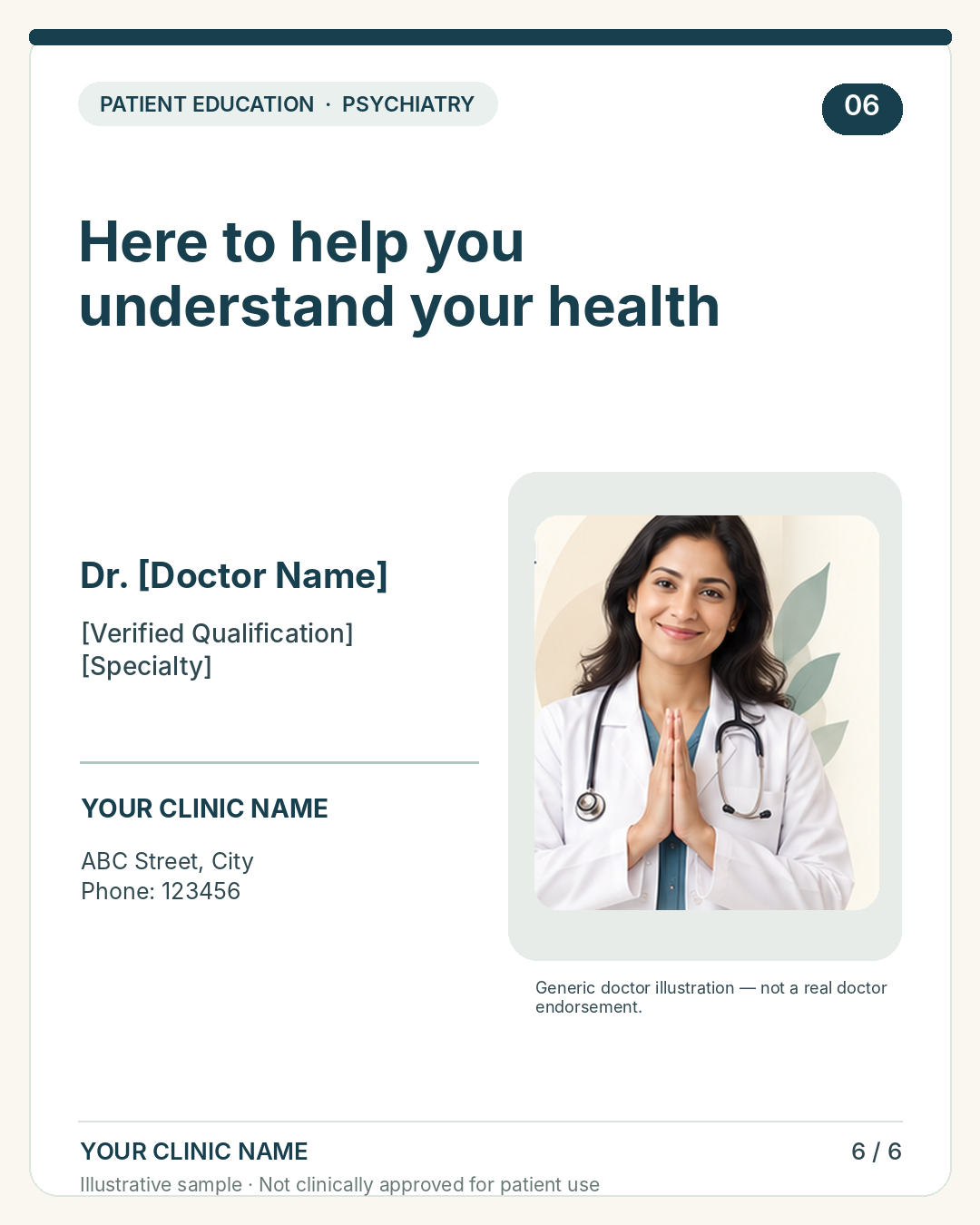 Illustrative portfolio slide with generic doctor model; commissioned doctor signature slide uses verified text credentials without a photo